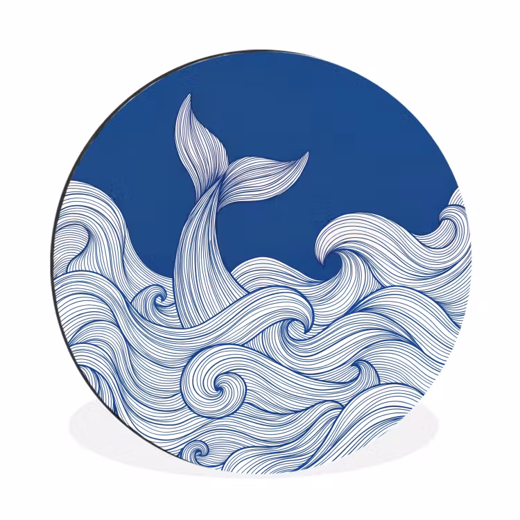 Walvis - Staart - Golven - Lijntekening - Blauw Wandcirkel aluminium klein -3d