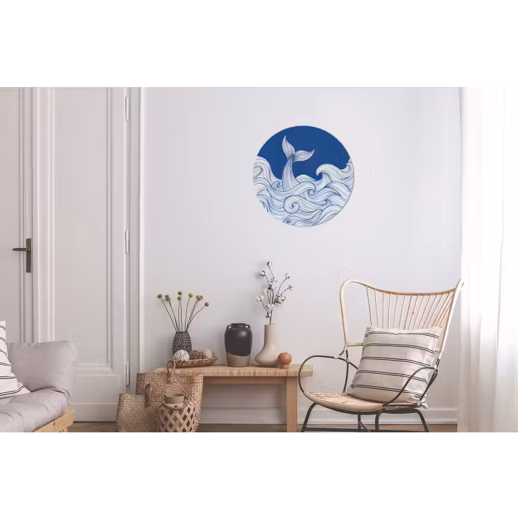 Walvis - Staart - Golven - Lijntekening - Blauw Wandcirkel aluminium klein -woonkamer