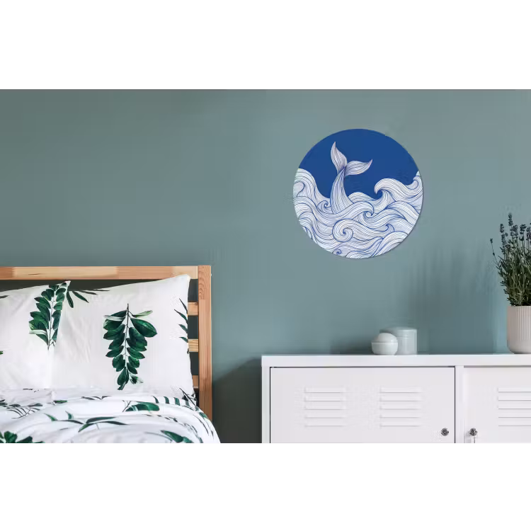 Walvis - Staart - Golven - Lijntekening - Blauw Wandcirkel aluminium klein -slaapkamer