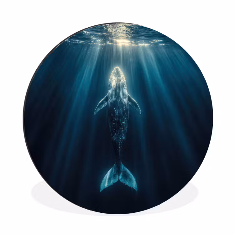 Walvis - Water - Zonnestralen - Blauw Wandcirkel aluminium klein -3d
