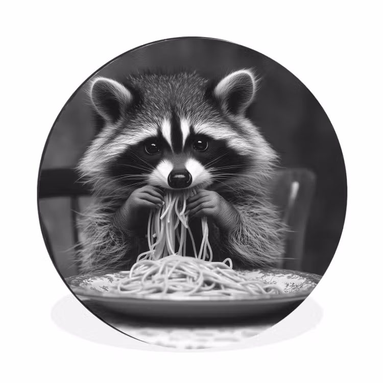 Wasbeer - Cute - Pasta - Tafelkleed - Zwart - Wit Wandcirkel aluminium klein -3d