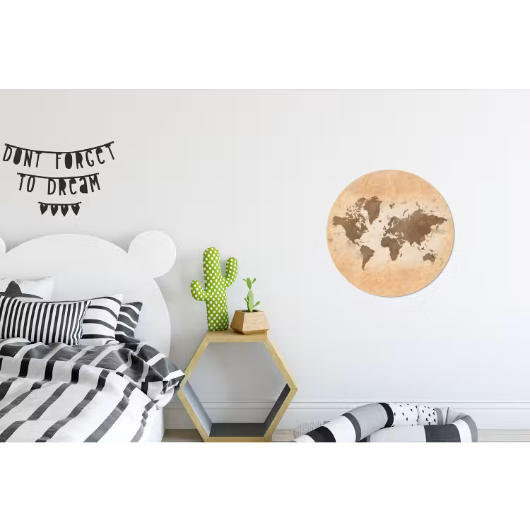 Wereldkaart - Beige - Bruin Wandcirkel aluminium klein -kinderkamer