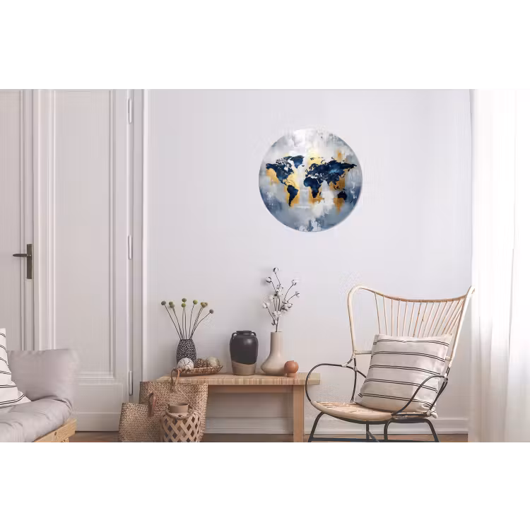 Wereldkaart - Blauw - Abstract Wandcirkel aluminium klein -woonkamer