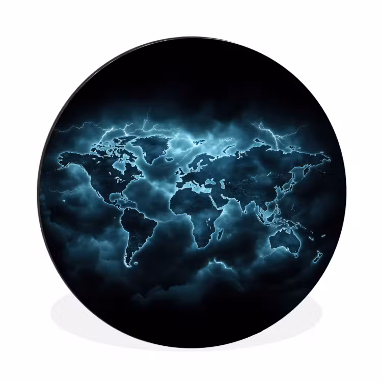 Wereldkaart - Bliksem - Blauw Wandcirkel aluminium klein -3d