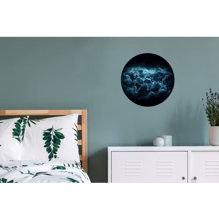 Wereldkaart - Bliksem - Blauw Wandcirkel aluminium klein -slaapkamer