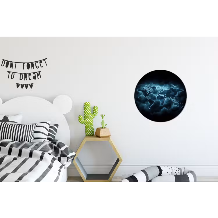 Wereldkaart - Bliksem - Blauw Wandcirkel aluminium klein -kinderkamer