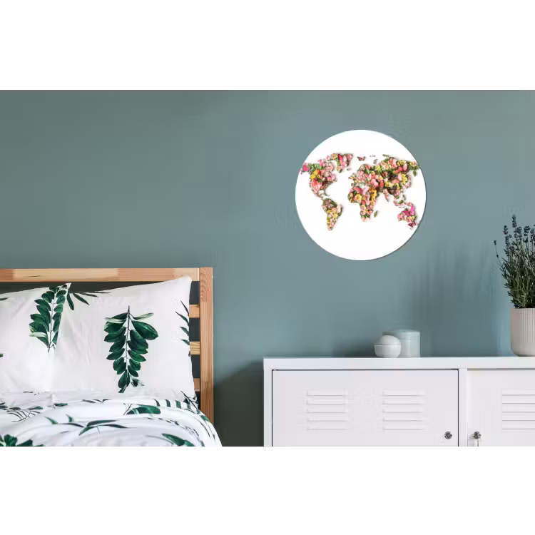Wereldkaart - Bloemen - Felgekleurd Wandcirkel aluminium klein -slaapkamer