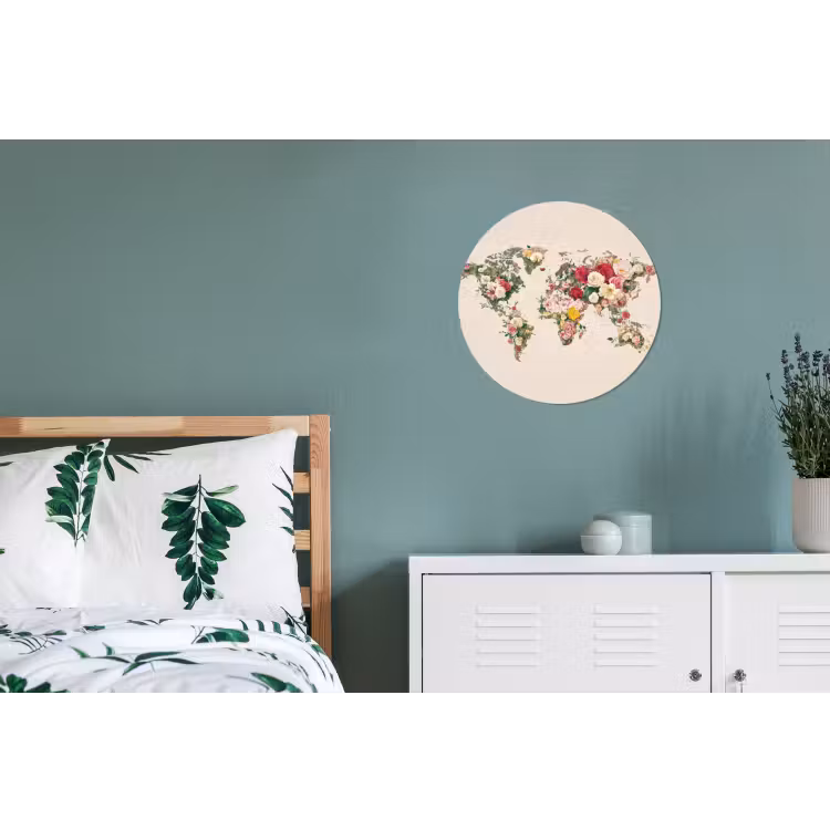 Wereldkaart - Bloemen - Roze Wandcirkel aluminium klein -slaapkamer