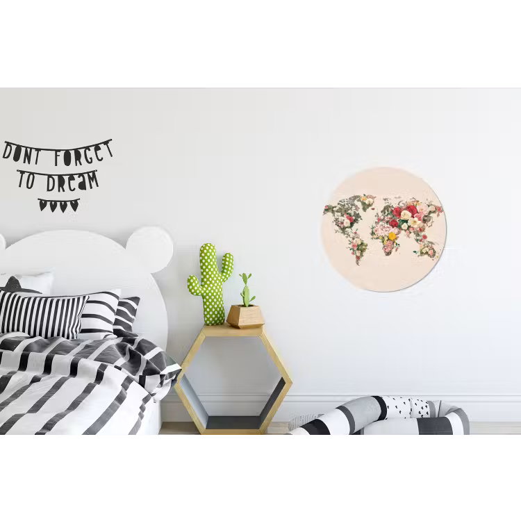 Wereldkaart - Bloemen - Roze Wandcirkel aluminium klein -kinderkamer