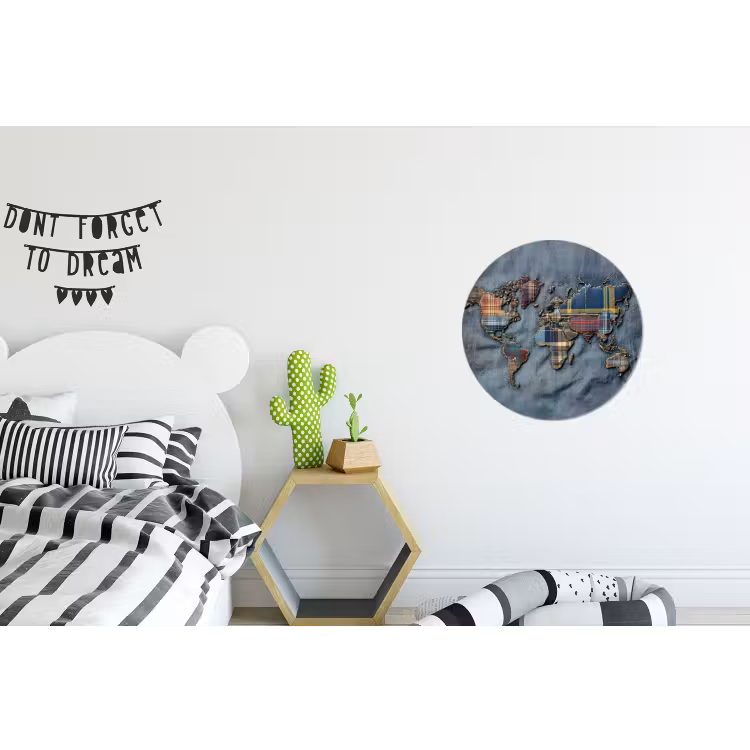 Wereldkaart - Denim - Textiel Wandcirkel aluminium klein -kinderkamer