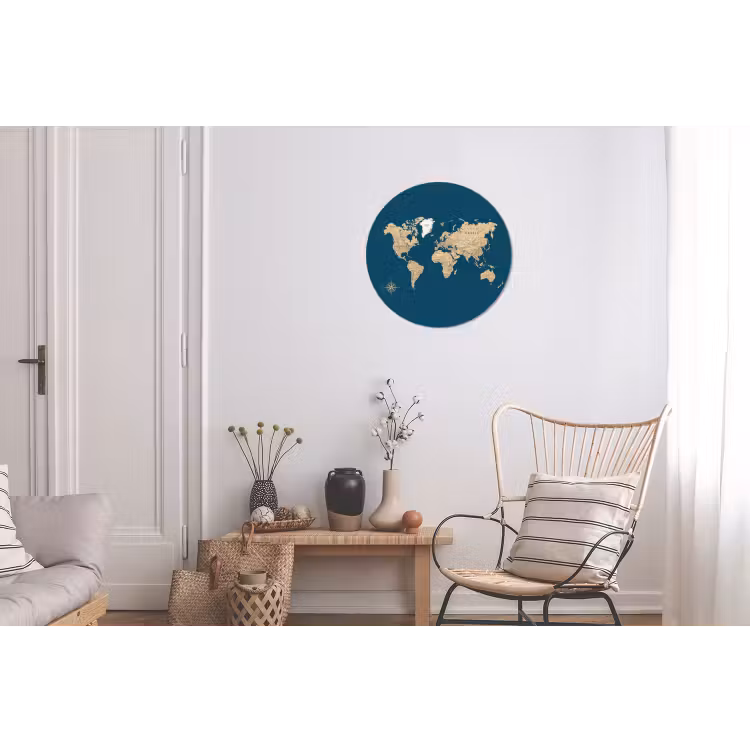 Wereldkaart - Donkerblauw - Beige Wandcirkel aluminium klein -woonkamer