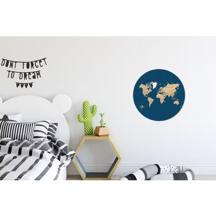 Wereldkaart - Donkerblauw - Beige Wandcirkel aluminium klein -kinderkamer