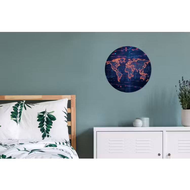Wereldkaart - Futuristisch - Oranje Wandcirkel aluminium klein -slaapkamer