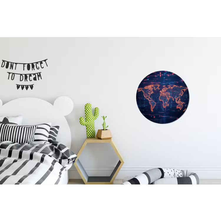 Wereldkaart - Futuristisch - Oranje Wandcirkel aluminium klein -kinderkamer