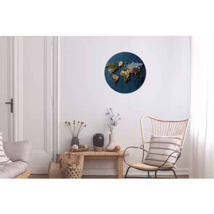 Wereldkaart - Geborduurd - Verschillende tinten Wandcirkel aluminium klein -woonkamer