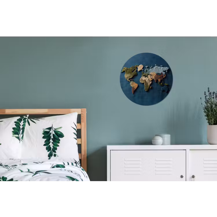 Wereldkaart - Geborduurd - Verschillende tinten Wandcirkel aluminium klein -slaapkamer