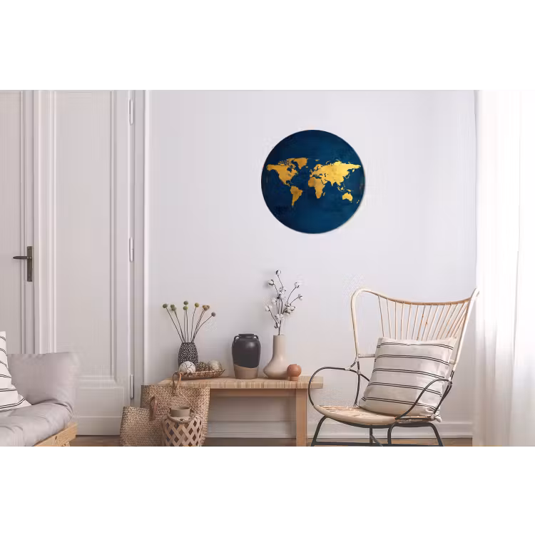 Wereldkaart - Goud - Donkerblauw Wandcirkel aluminium klein -woonkamer