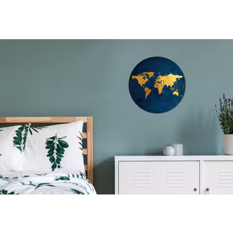Wereldkaart - Goud - Donkerblauw Wandcirkel aluminium klein -slaapkamer