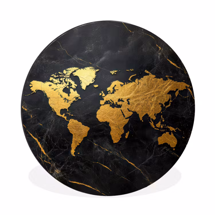Wereldkaart - Goud - Marmer Wandcirkel aluminium klein -3d