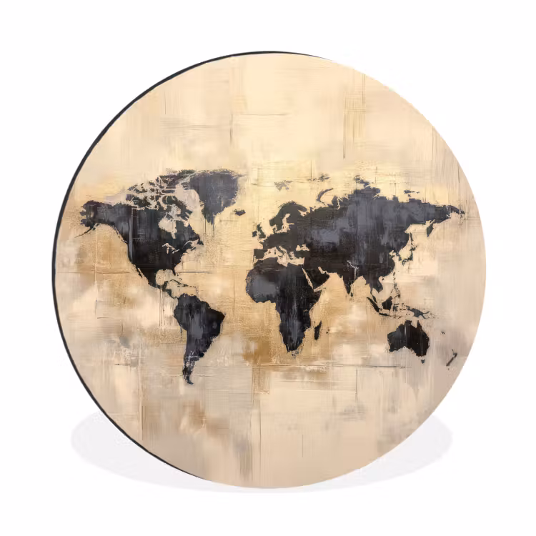 Wereldkaart - Goud - Zwart - Abstract Wandcirkel aluminium klein -3d