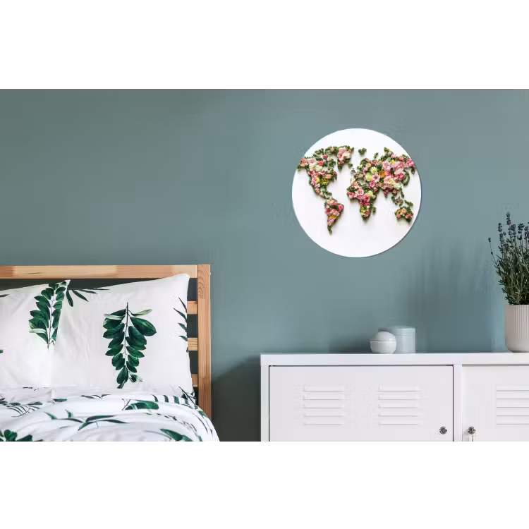 Wereldkaart - Kleurrijk - Bloemen - Lente Wandcirkel aluminium klein -slaapkamer
