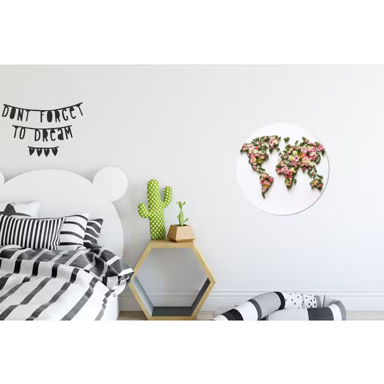 Wereldkaart - Kleurrijk - Bloemen - Lente Wandcirkel aluminium klein -kinderkamer