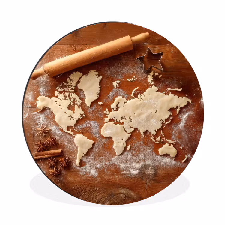 Wereldkaart - Koekjesdeeg - Warme baksfeer Wandcirkel aluminium klein -3d
