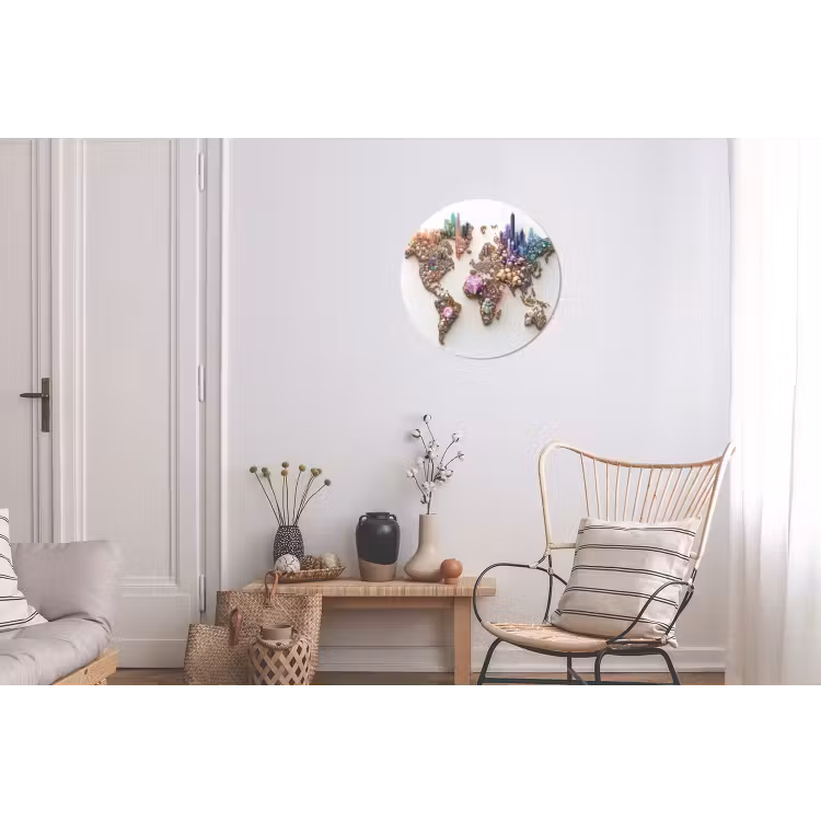 Wereldkaart - Kristallen - Unieke tinten Wandcirkel aluminium klein -woonkamer