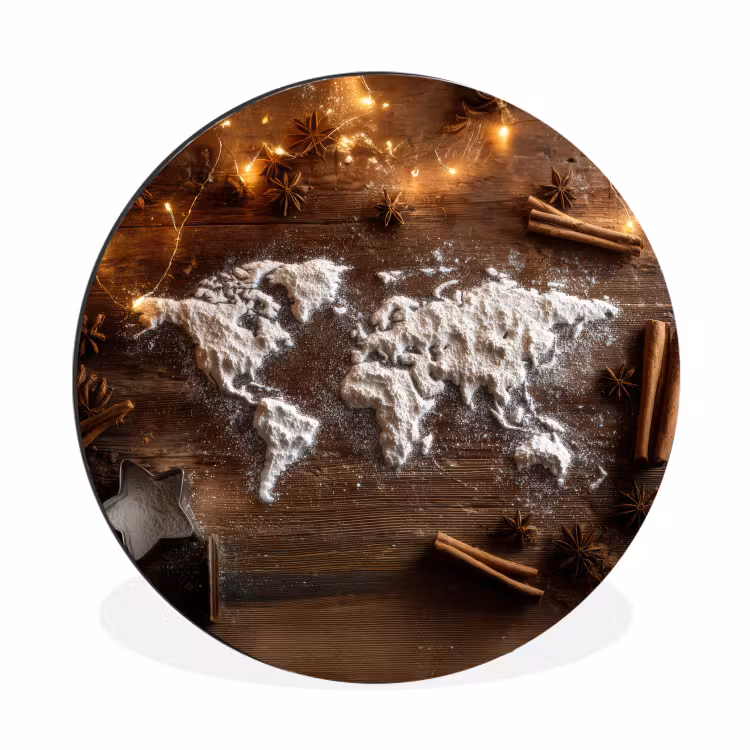 Wereldkaart - Poedersuiker - Hout Wandcirkel aluminium klein -3d
