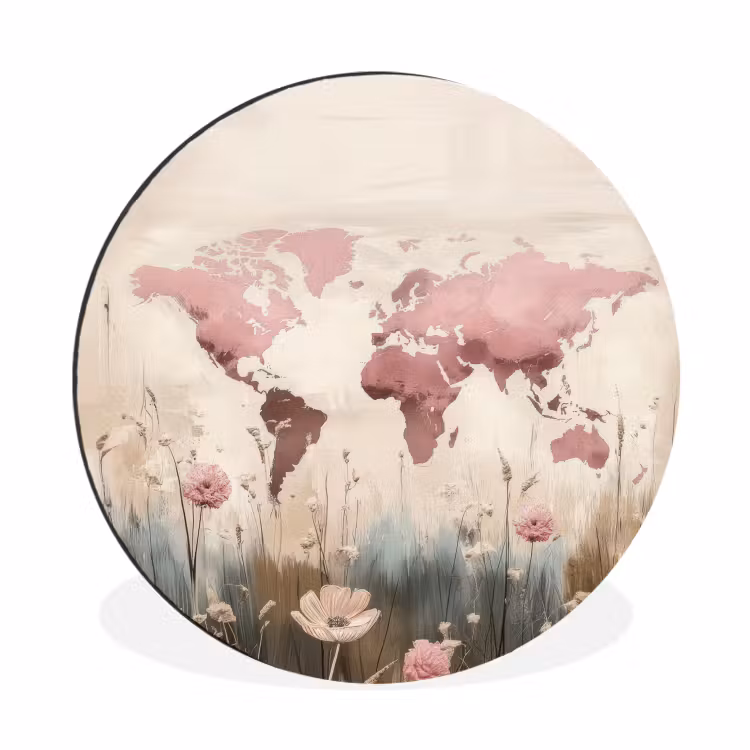 Wereldkaart - Roze - Bloemen Wandcirkel aluminium klein -3d