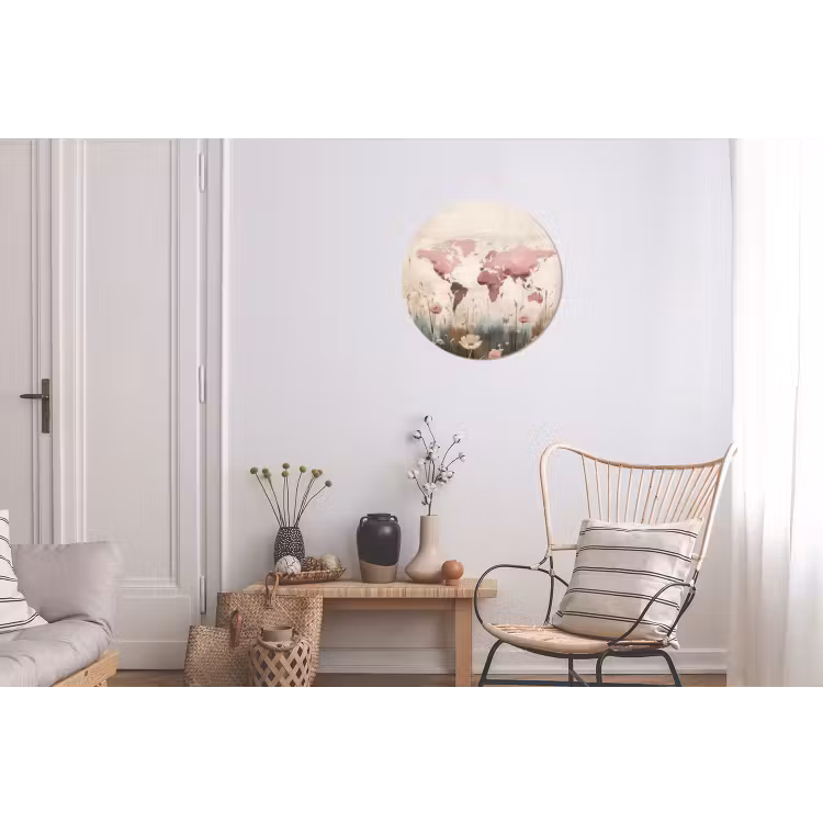 Wereldkaart - Roze - Bloemen Wandcirkel aluminium klein -woonkamer