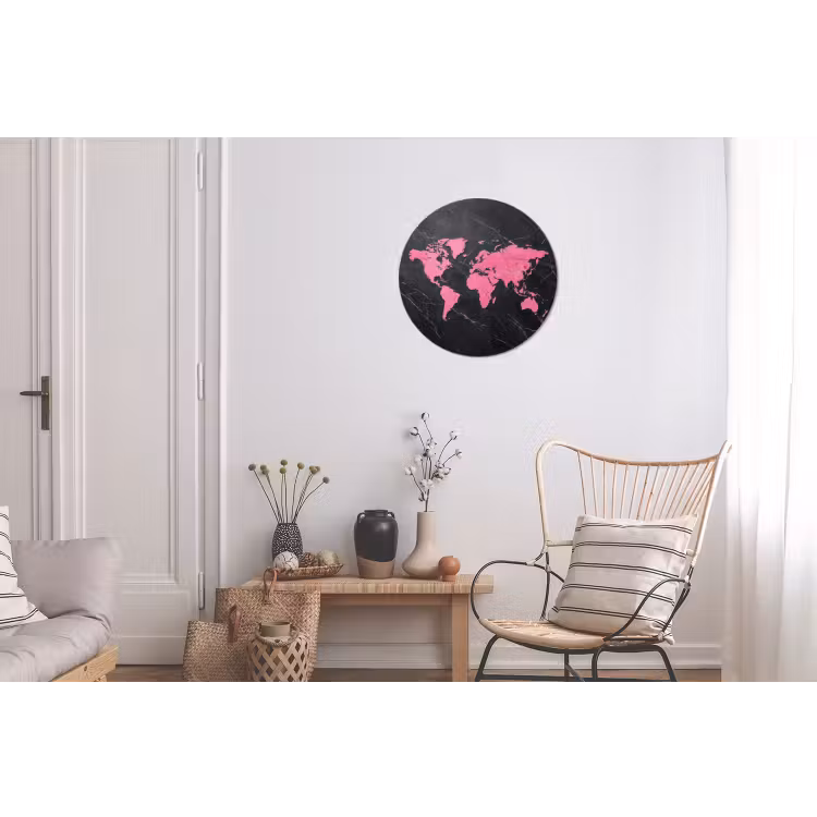 Wereldkaart - Roze - Marmer Wandcirkel aluminium klein -woonkamer