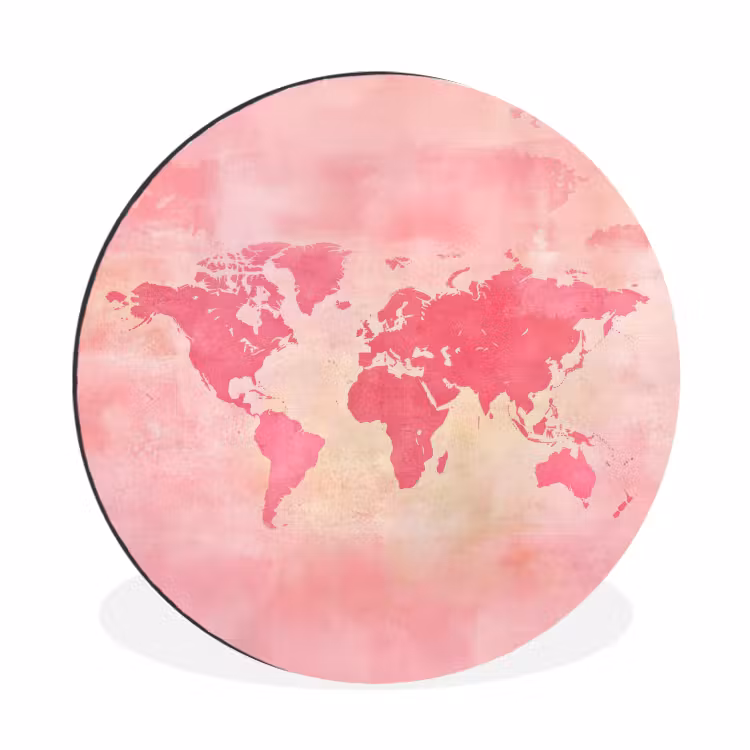 Wereldkaart - Roze - Vaag Wandcirkel aluminium klein -3d