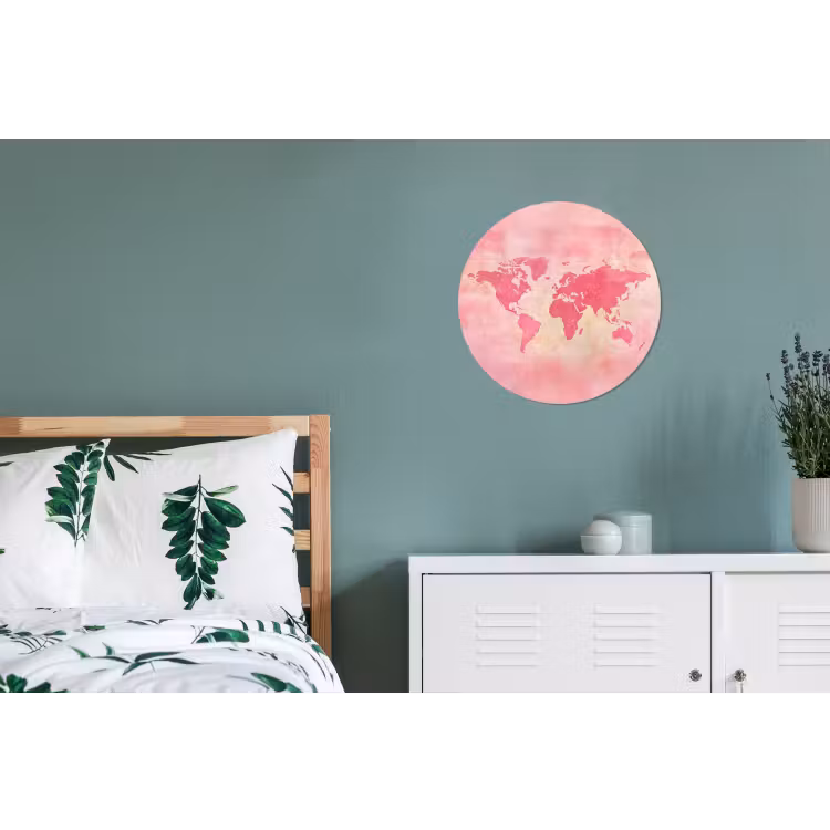 Wereldkaart - Roze - Vaag Wandcirkel aluminium klein -slaapkamer