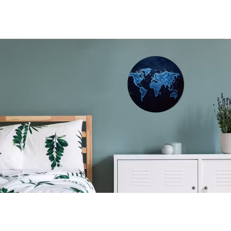 Wereldkaart - Waterstructuur - Blauw Wandcirkel aluminium klein -slaapkamer