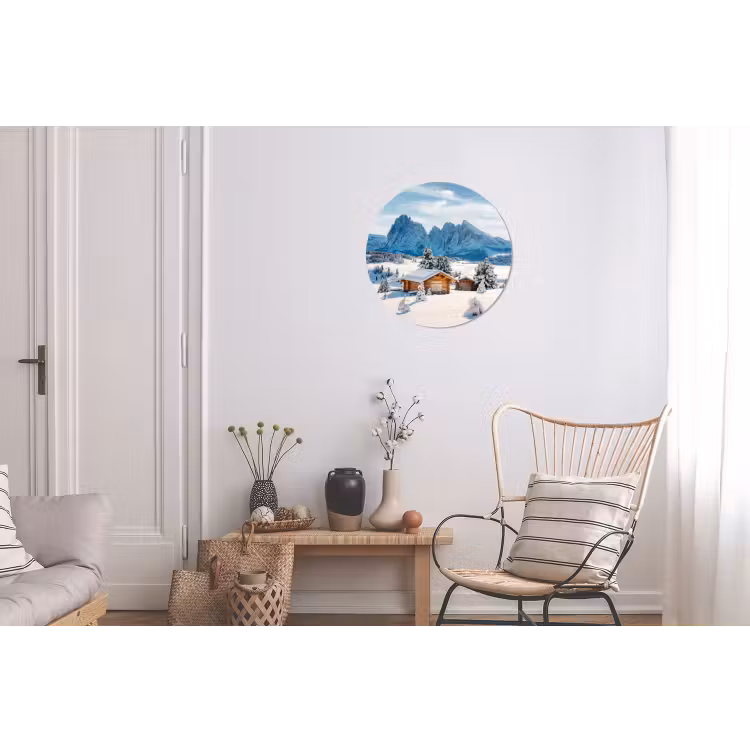 Winter - Huisje - Bergen - Uitzicht - Sneeuw Wandcirkel aluminium klein -woonkamer