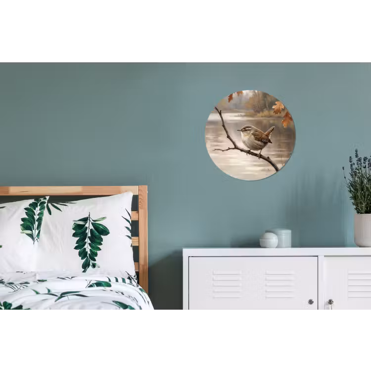 Winterkoninkje - Tak - Rivier - Natuur - Sfeervol Wandcirkel aluminium klein -slaapkamer