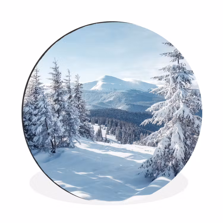 Winterlandschap - Natuur - Berg - Bomen - Sneeuw Wandcirkel aluminium klein -3d