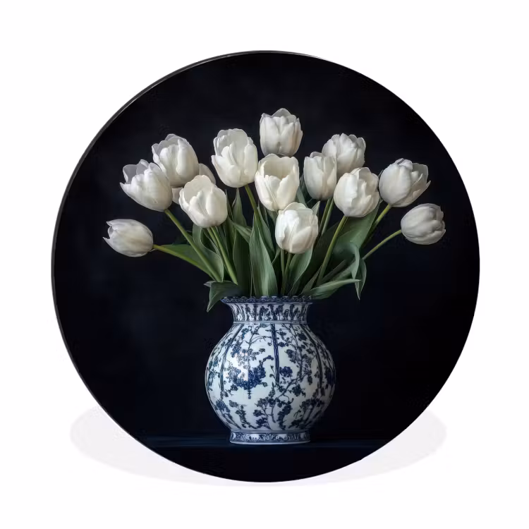 Wit - Bloemen - Tulpen - Vaas Wandcirkel aluminium klein -3d