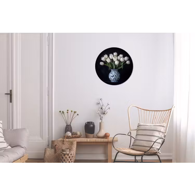 Wit - Bloemen - Tulpen - Vaas Wandcirkel aluminium klein -woonkamer