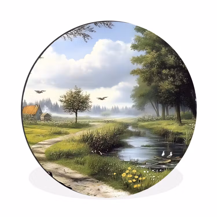Zandpad - Groen landschap - Water Wandcirkel aluminium klein -3d