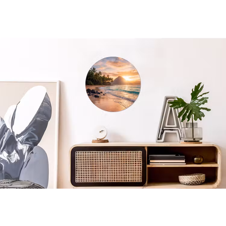 Zee - Berg - Landschap - Tropisch - Goud Wandcirkel aluminium klein -kantoor