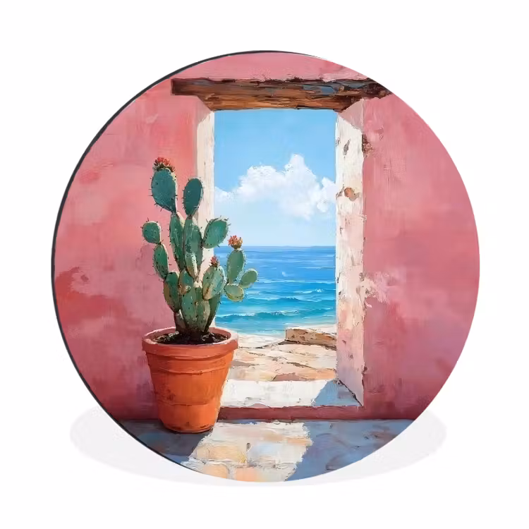 Zee - Roze - Cactus Wandcirkel aluminium klein -3d