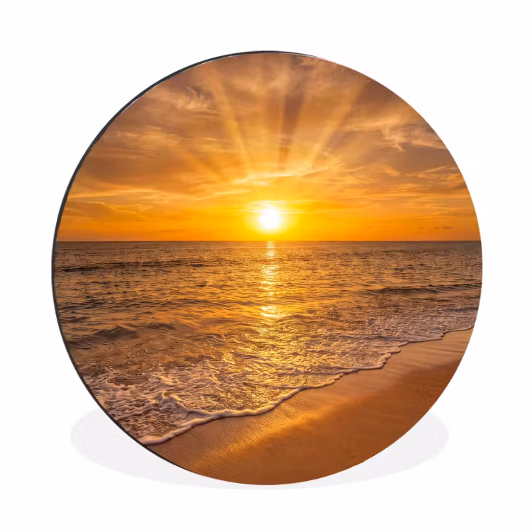 Zee - Zonsondergang - Golven - Kust - Oranje Wandcirkel aluminium klein -3d