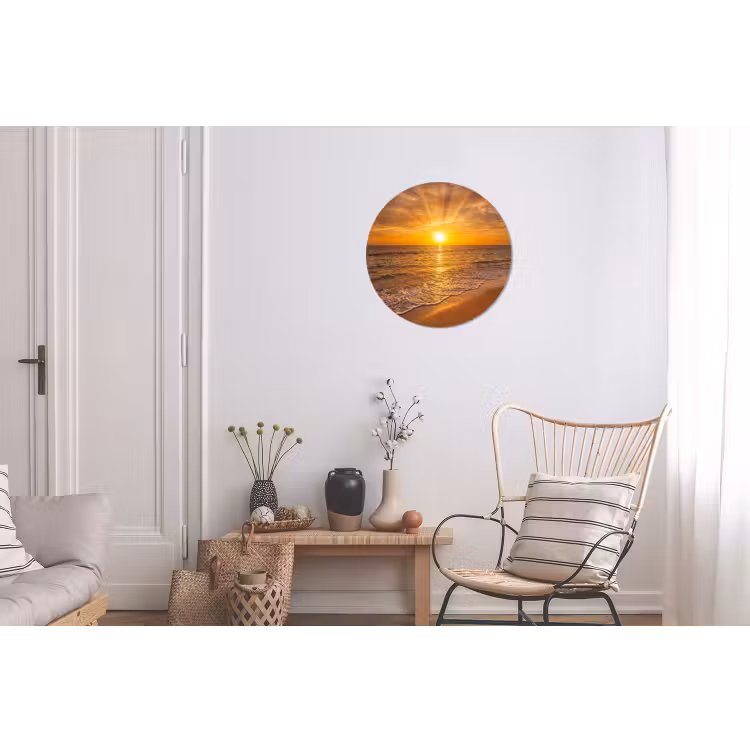 Zee - Zonsondergang - Golven - Kust - Oranje Wandcirkel aluminium klein -woonkamer