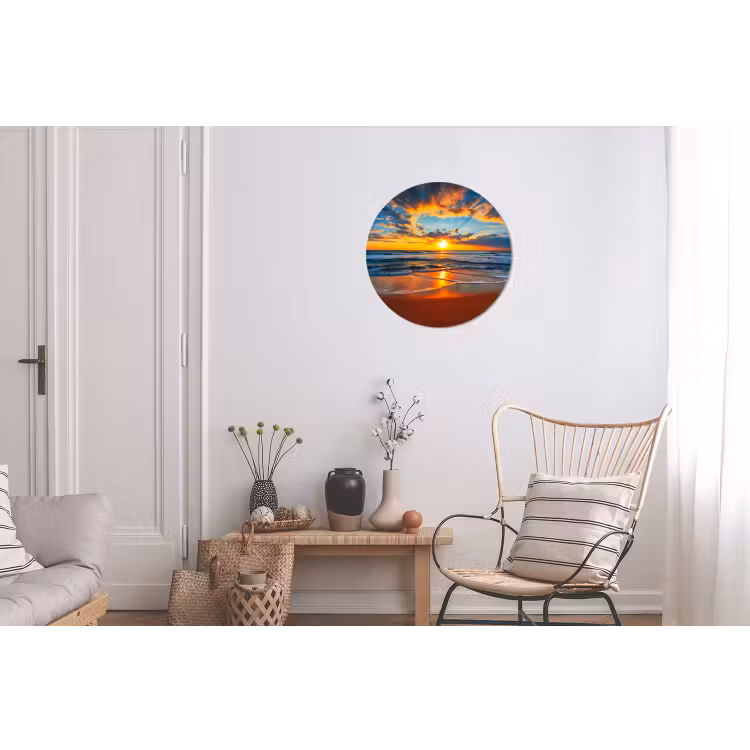 Zee - Zonsondergang - Strand - Wolken - Oranje Wandcirkel aluminium klein -woonkamer