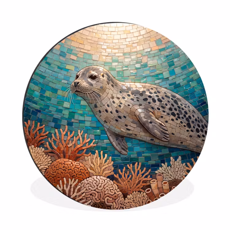 Zeehond - Mozaïek - Onderwater - Dieren - Blauw Wandcirkel aluminium klein -3d