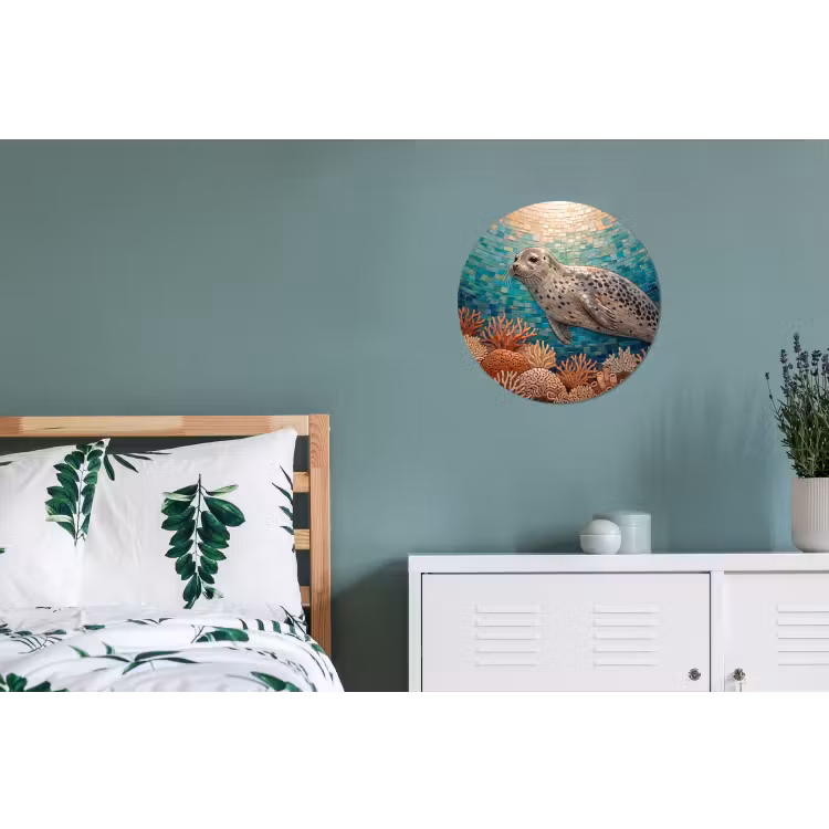 Zeehond - Mozaïek - Onderwater - Dieren - Blauw Wandcirkel aluminium klein -slaapkamer