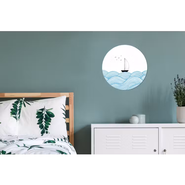 Zeilboot - Golven - Zee - Illustratie - Blauw Wandcirkel aluminium klein -slaapkamer