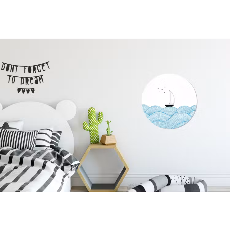 Zeilboot - Golven - Zee - Illustratie - Blauw Wandcirkel aluminium klein -kinderkamer